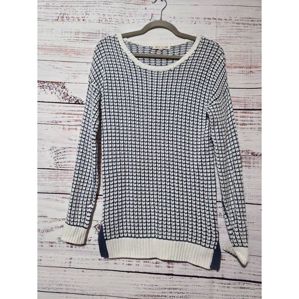 Olive & Oak Navy White Grid Knit Sweater Small Winter Split Hem Crew Neck